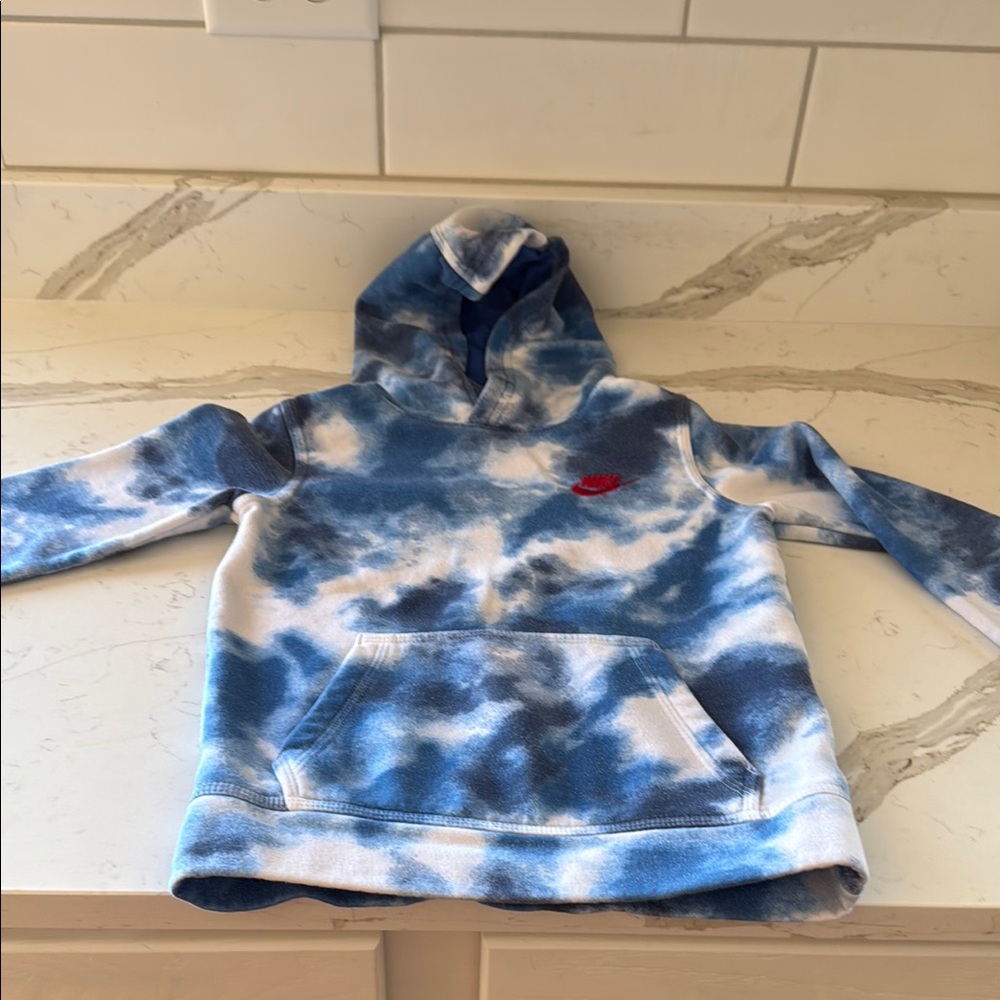 Blue and White Tie-Dye Hoodie with Red Logo